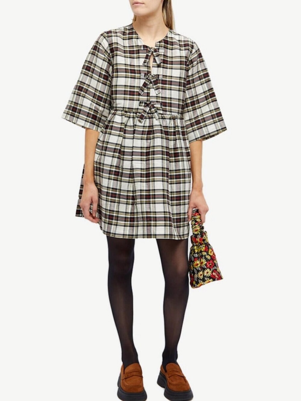 Ganni Silk Ivory Check Babydoll Mini Dress with Black and Red Tartan - Picture 2 of 13